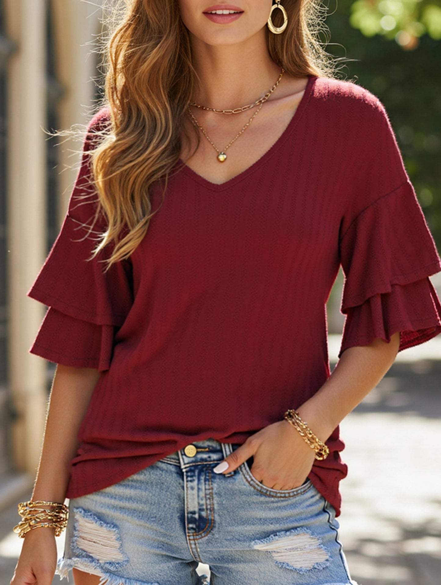 Solid Color V-Neck T-Shirt with Lotus Sleeves ??Soft & Flowy, S?“XXL