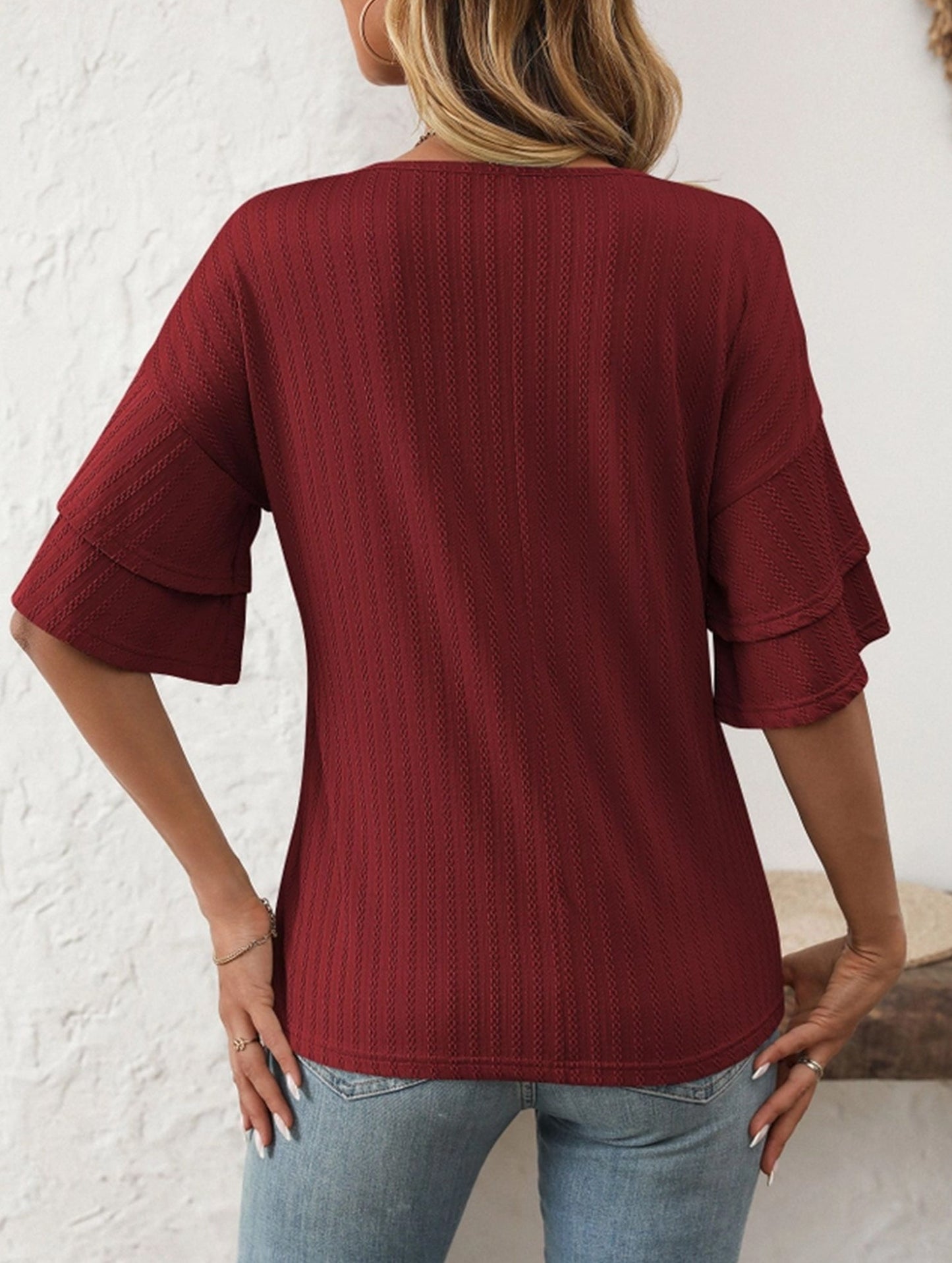 Solid Color V-Neck T-Shirt with Lotus Sleeves ??Soft & Flowy, S?“XXL