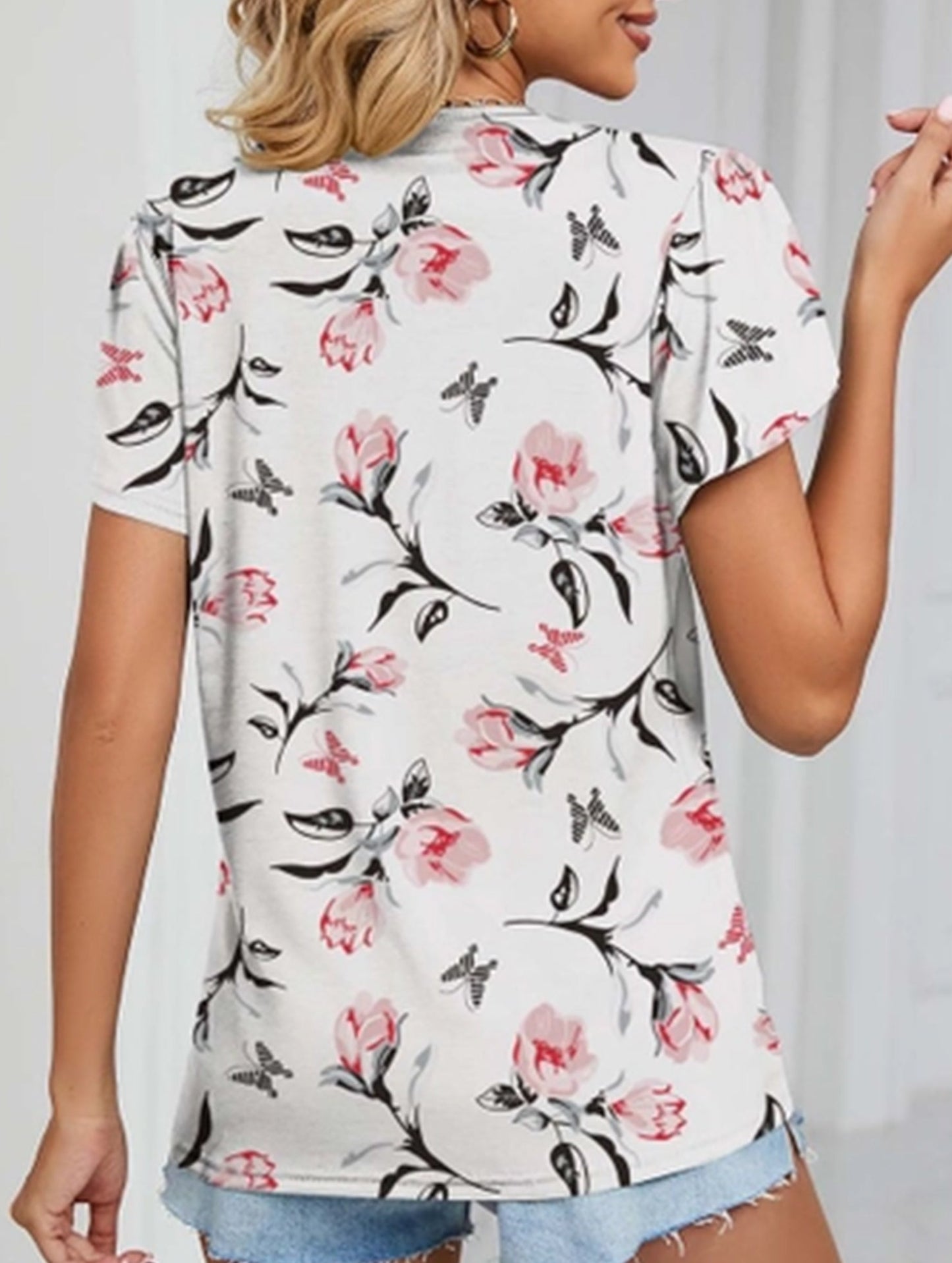 V-neck printed petal-sleeve loose pullover shirt