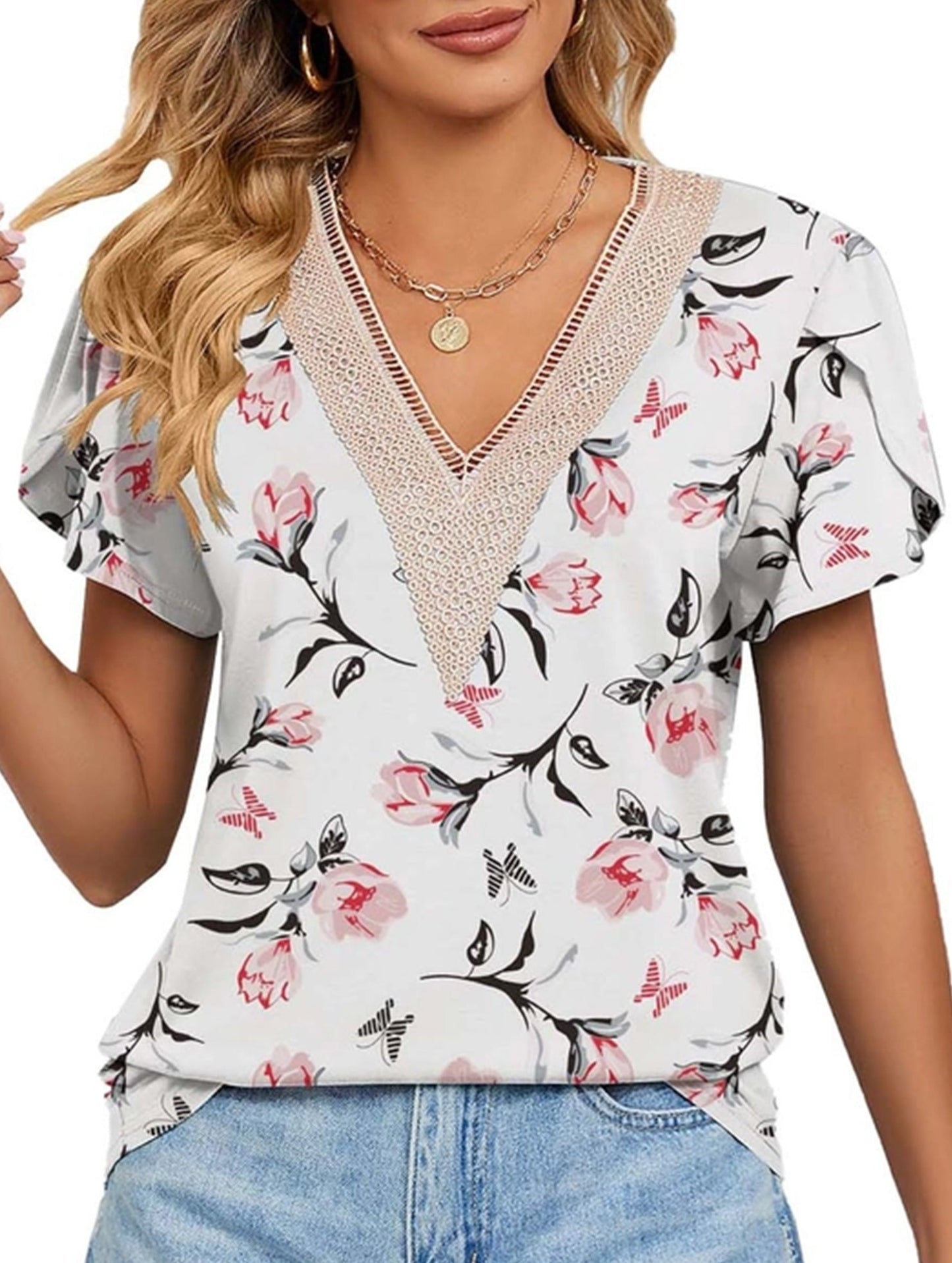 V-neck printed petal-sleeve loose pullover shirt
