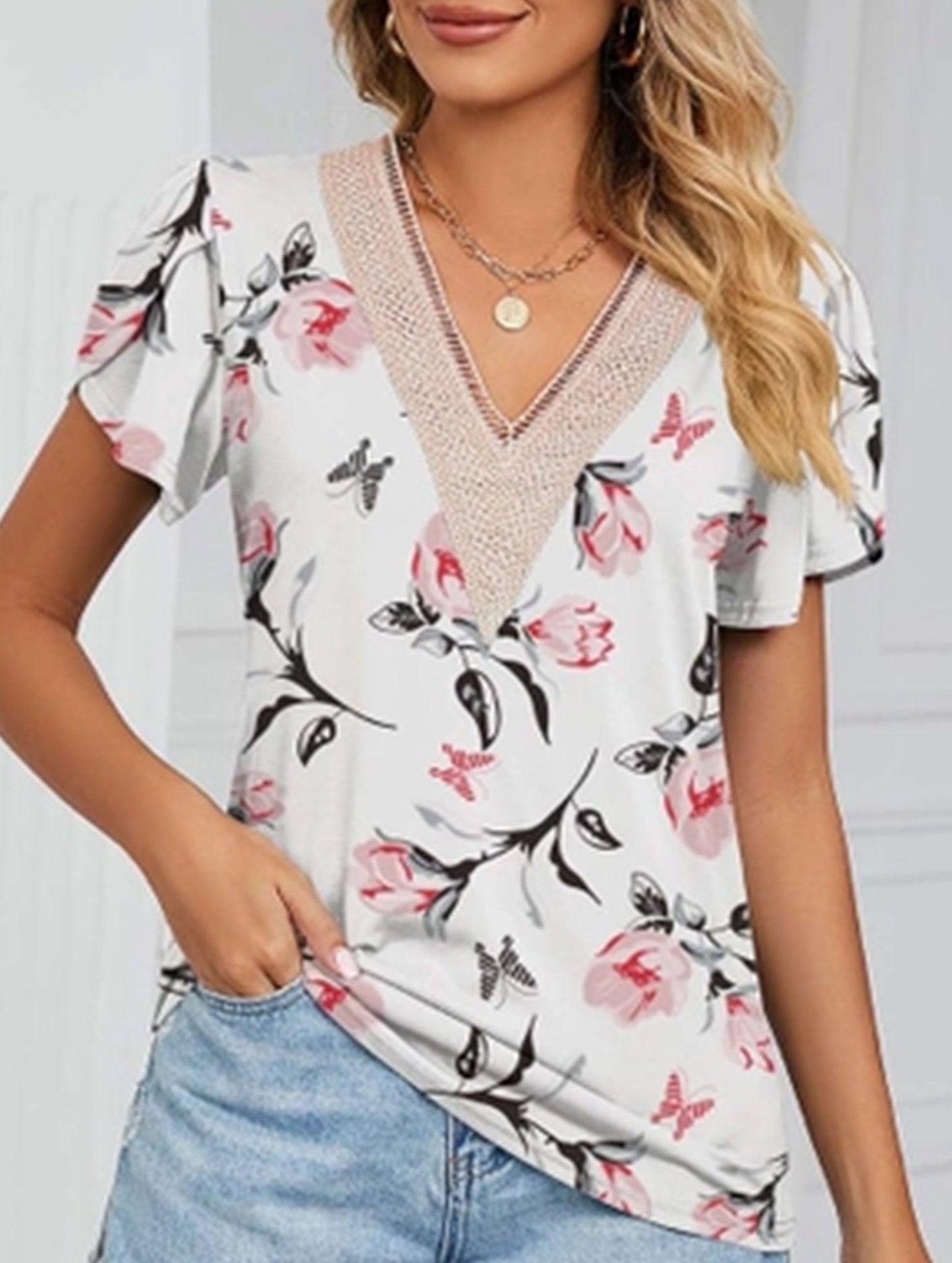 V-neck printed petal-sleeve loose pullover shirt