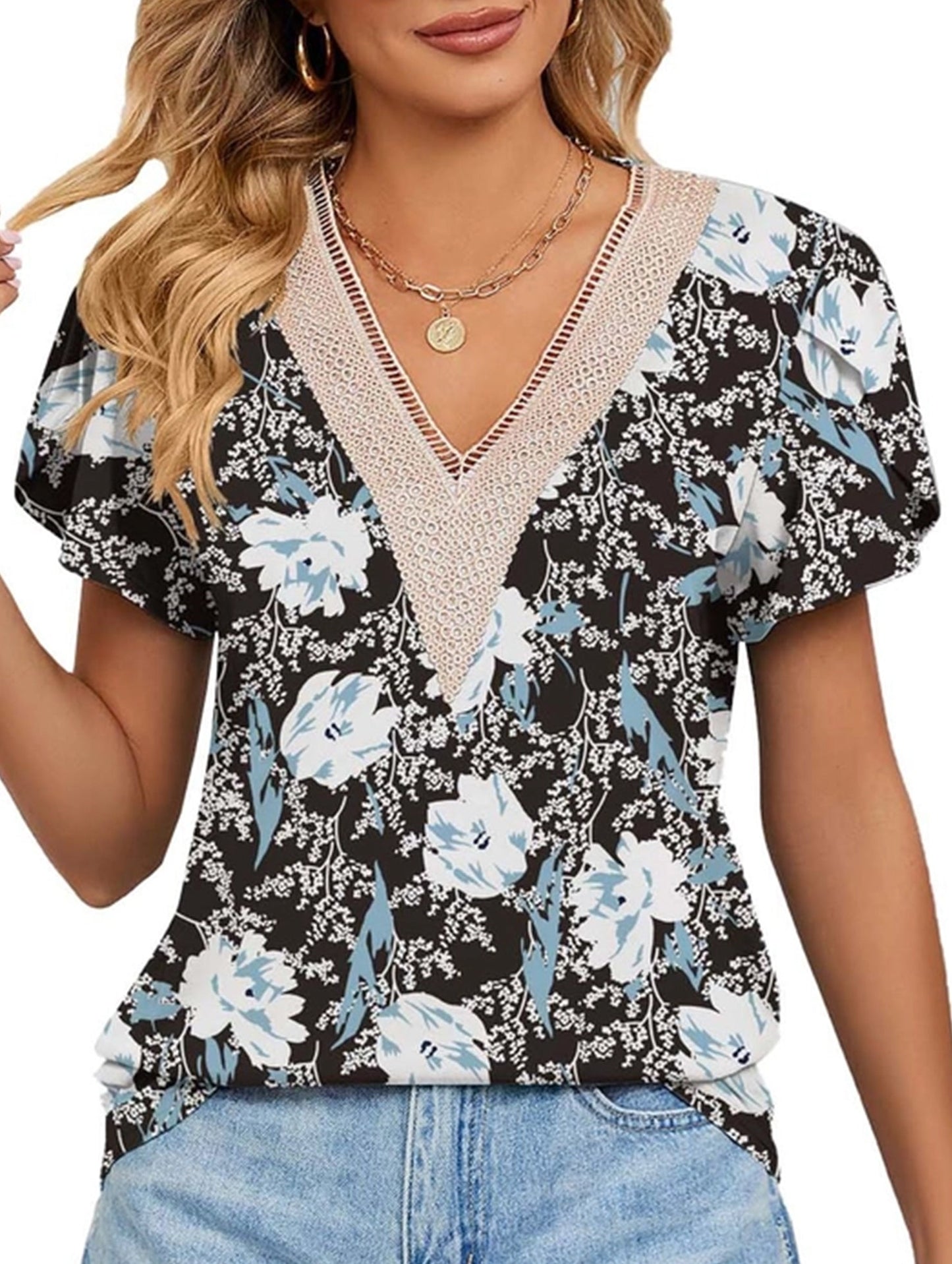 V-neck printed petal-sleeve loose pullover shirt