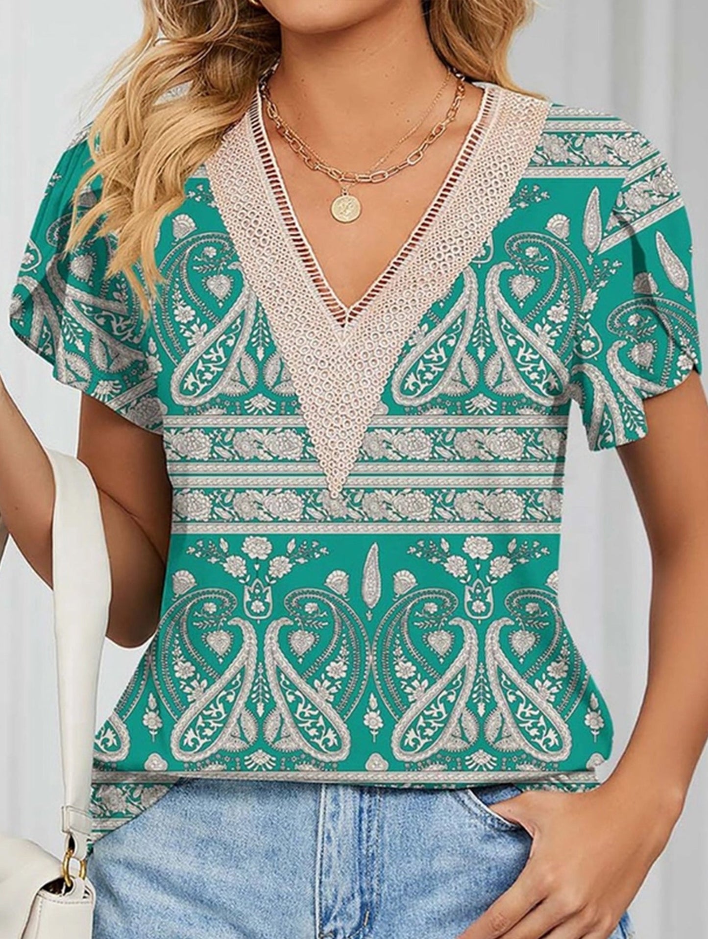 V-neck printed petal-sleeve loose pullover shirt