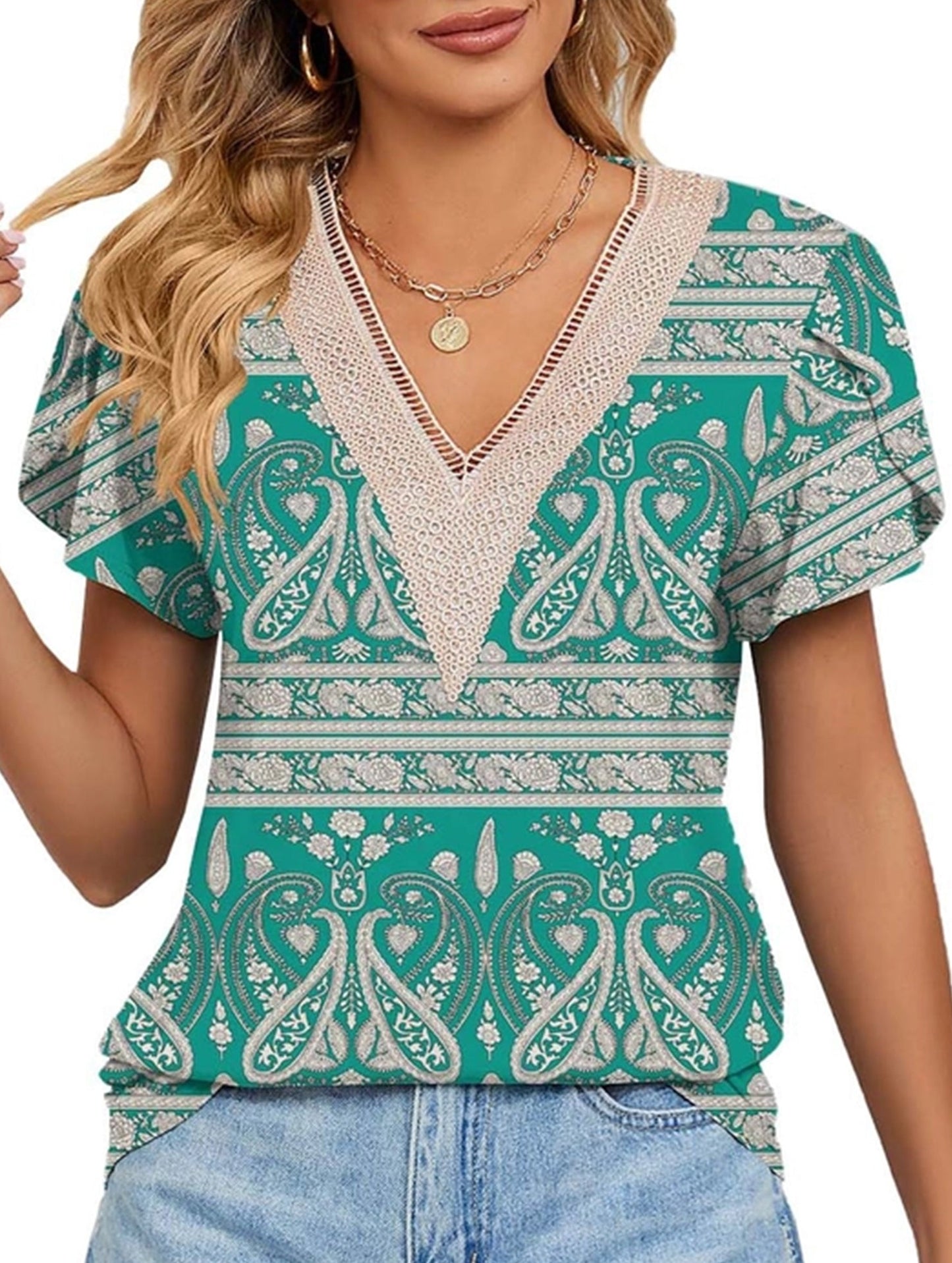 V-neck printed petal-sleeve loose pullover shirt