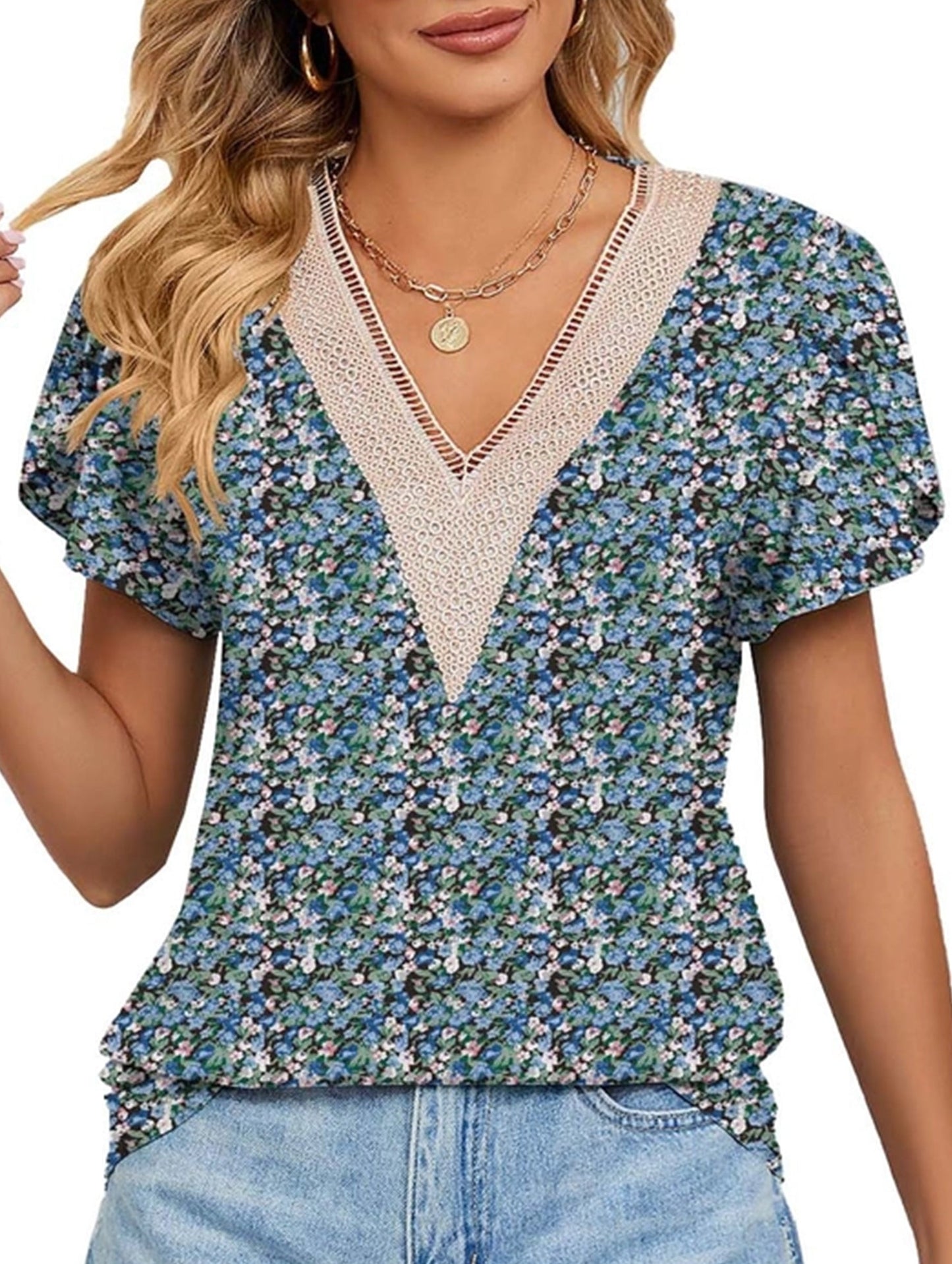 V-neck printed petal-sleeve loose pullover shirt
