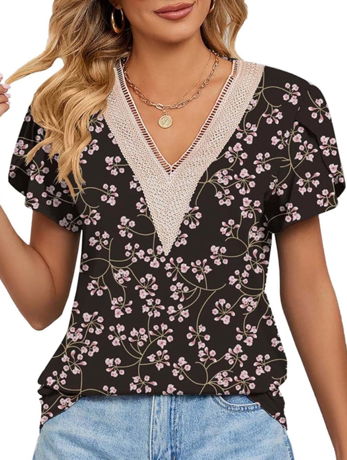 V-neck printed petal-sleeve loose pullover shirt