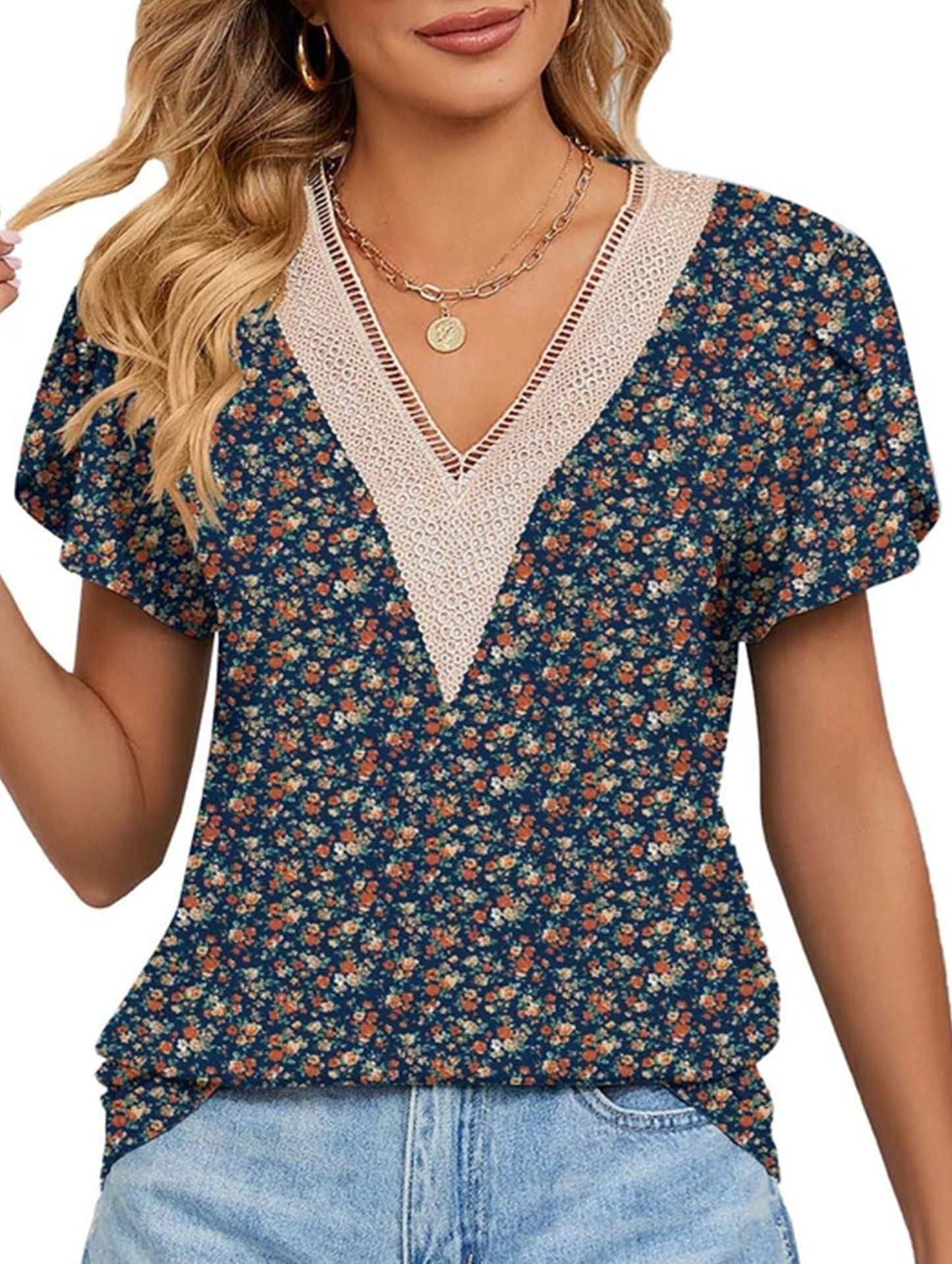 V-neck printed petal-sleeve loose pullover shirt