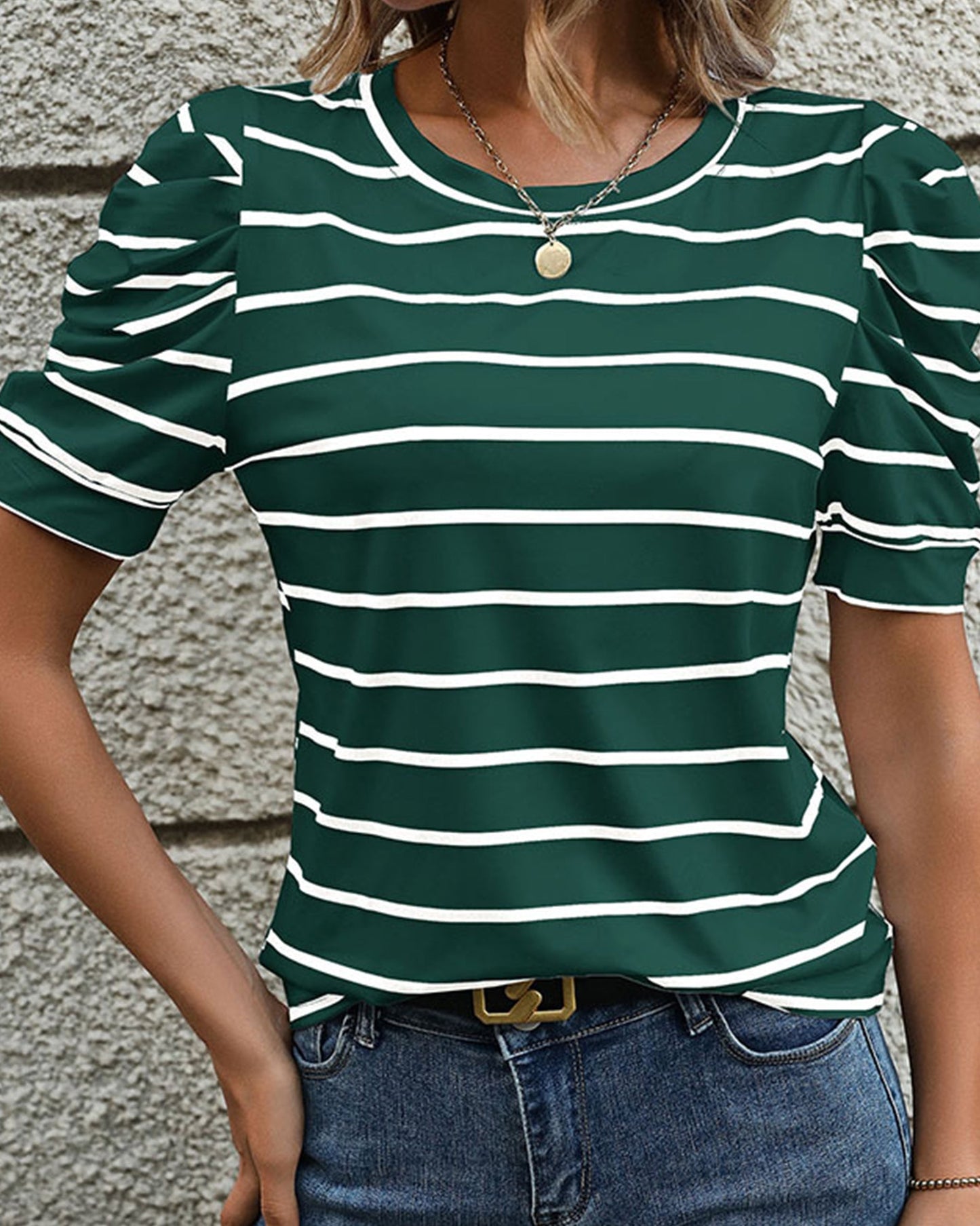CASUAL LAMB LEG SLEEVE STRIPED CREWNECK T-SHIRT