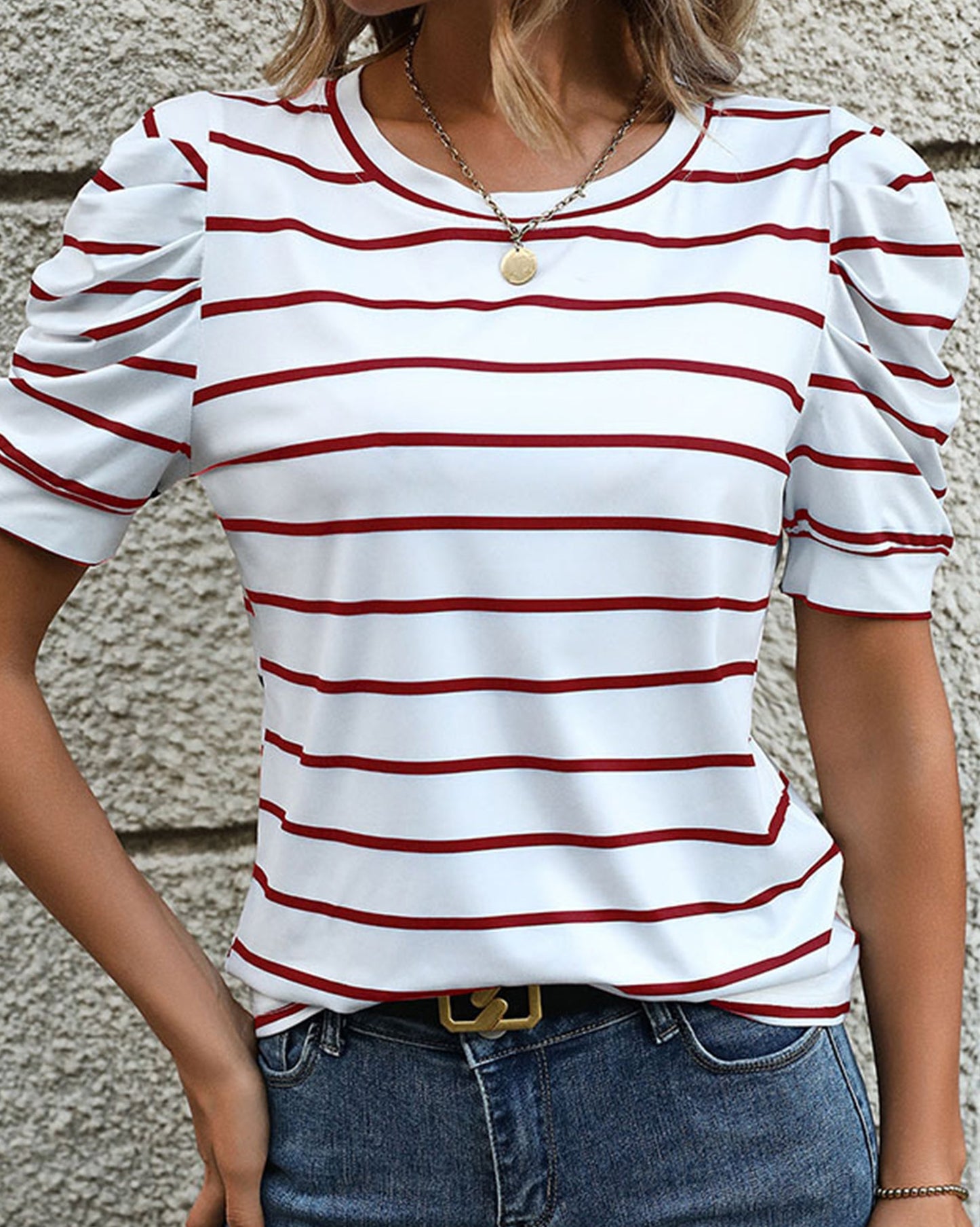 CASUAL LAMB LEG SLEEVE STRIPED CREWNECK T-SHIRT