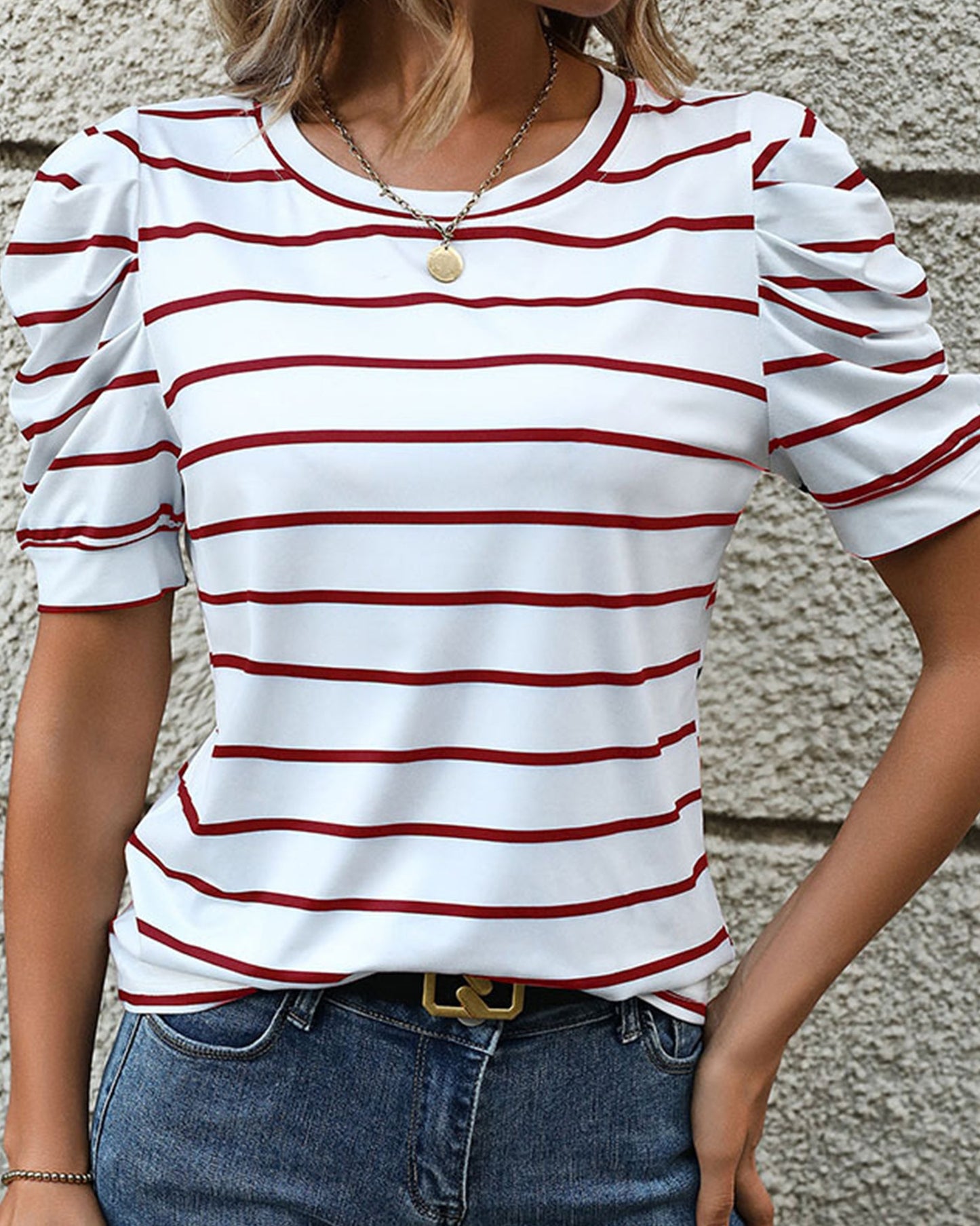 CASUAL LAMB LEG SLEEVE STRIPED CREWNECK T-SHIRT