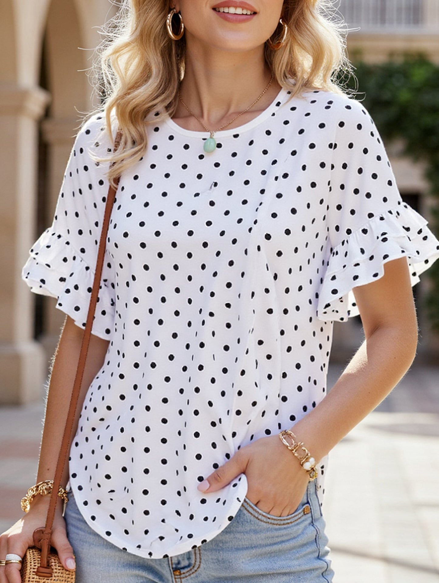 Polka Dot Batwing Sleeve Ruffle Loose Top ??Women's Lightweight Casual Blouse