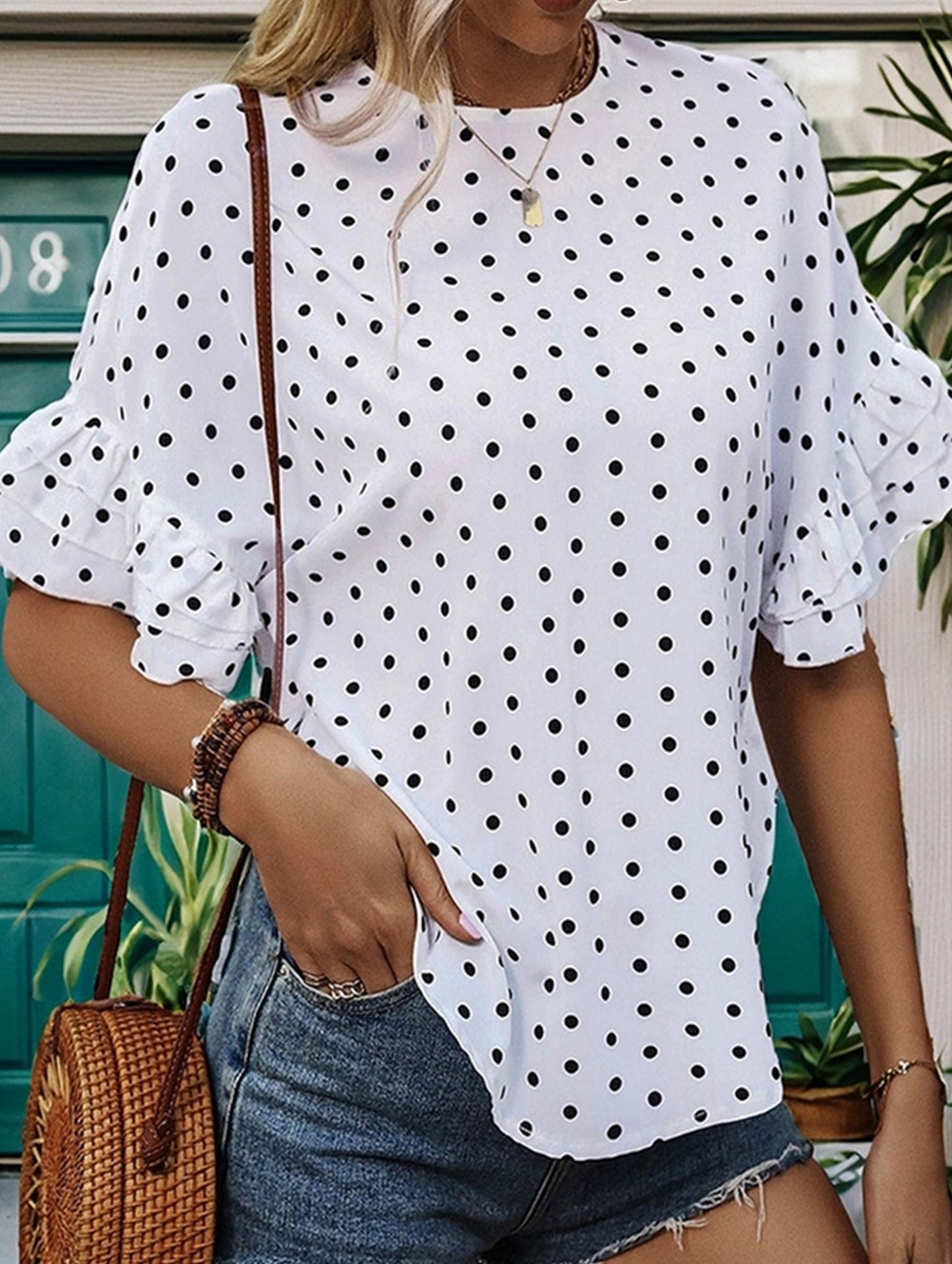 Polka Dot Batwing Sleeve Ruffle Loose Top ??Women's Lightweight Casual Blouse