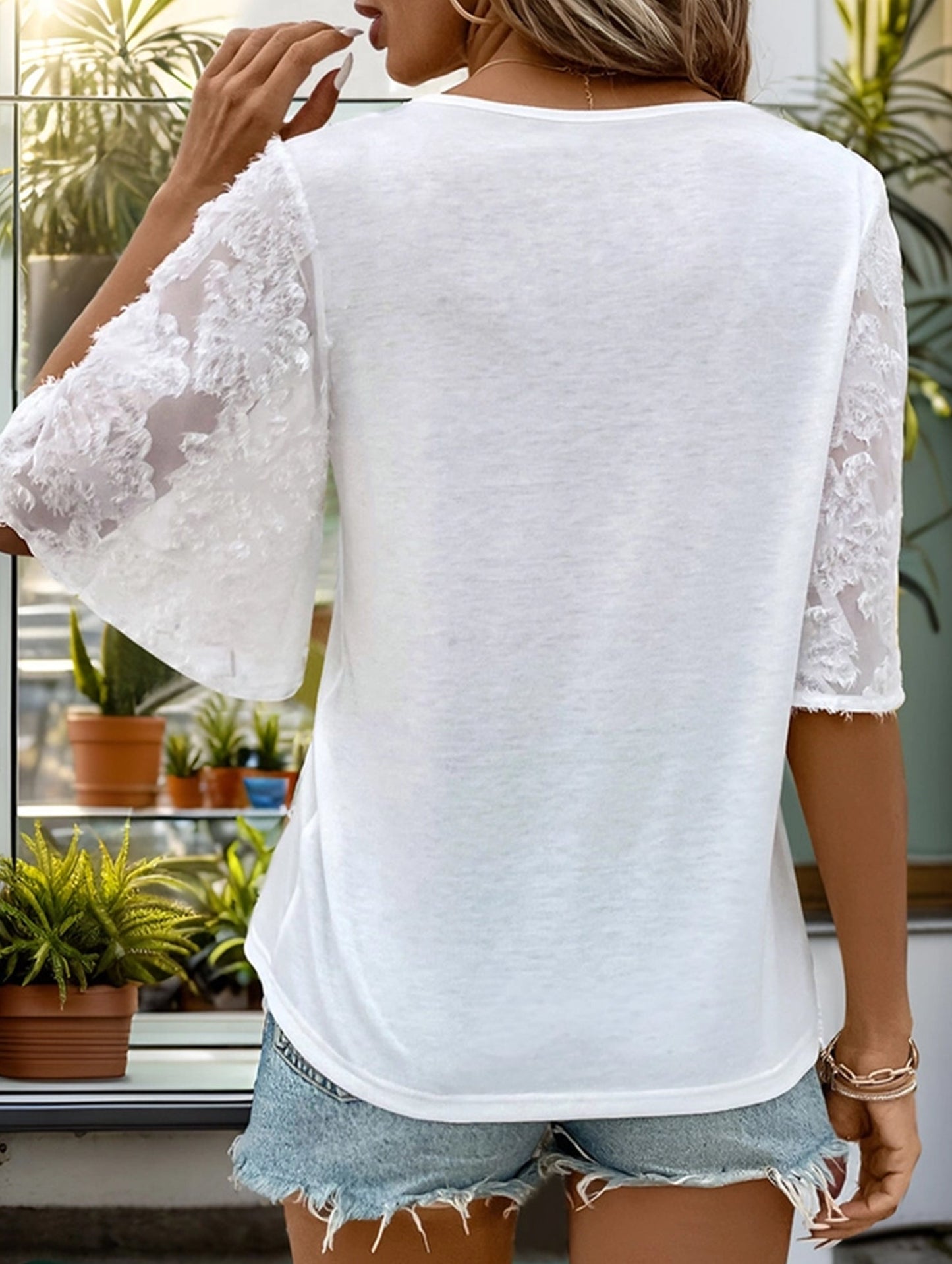 LACE-TRIM BELL SLEEVE V-NECK SOLID SHIRT TOP