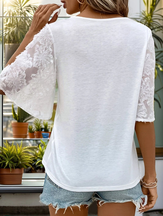 LACE-TRIM BELL SLEEVE V-NECK SOLID SHIRT TOP