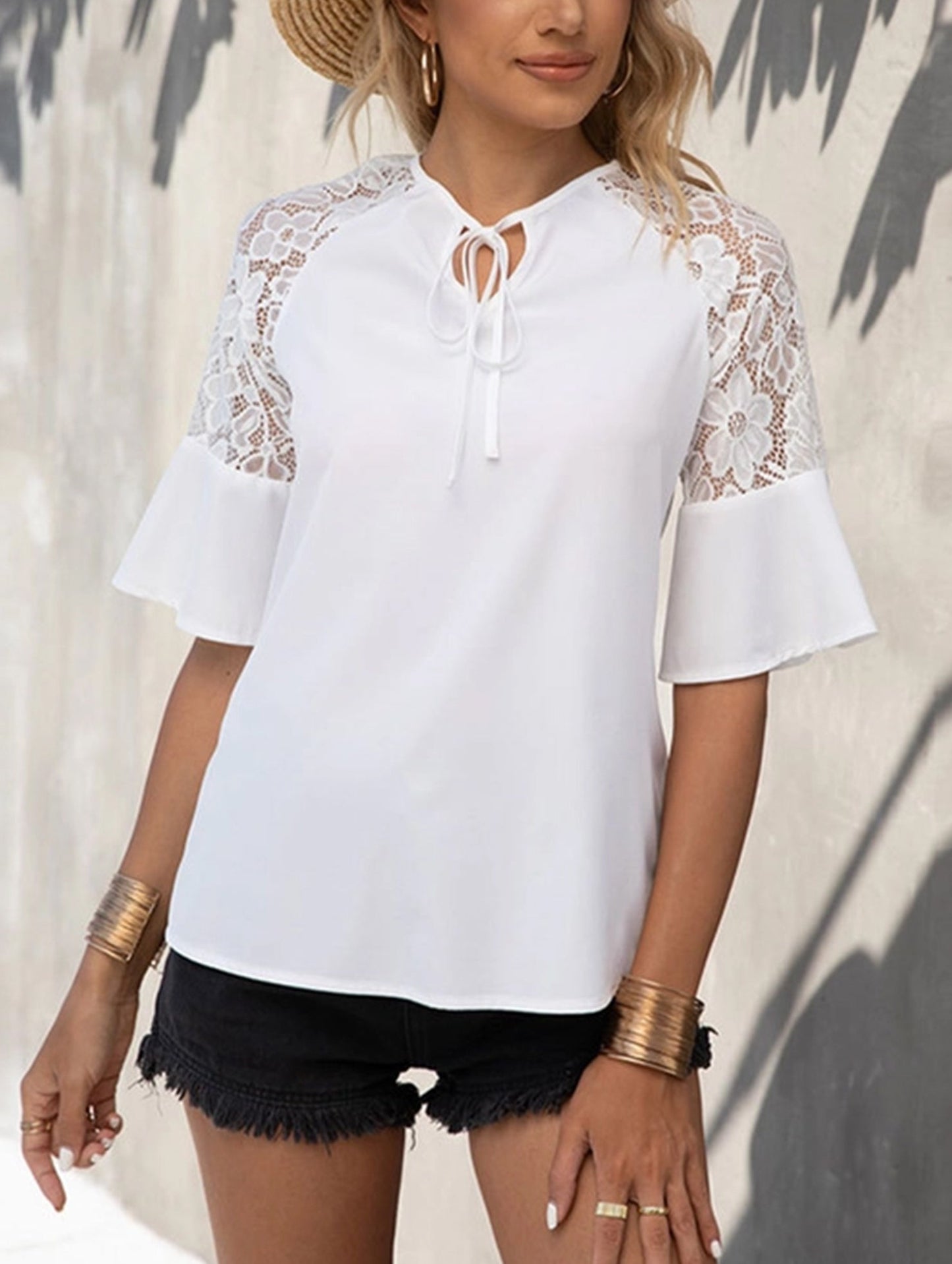 Lace Patch Tie Waist Blouse ??Adjustable Fit, XS??œXXL