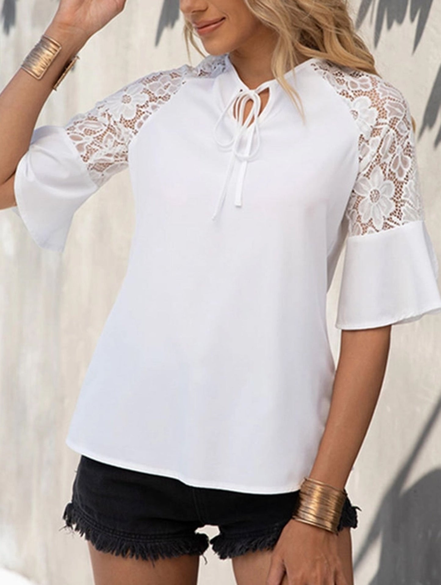 Lace Patch Tie Waist Blouse ??Adjustable Fit, XS??œXXL