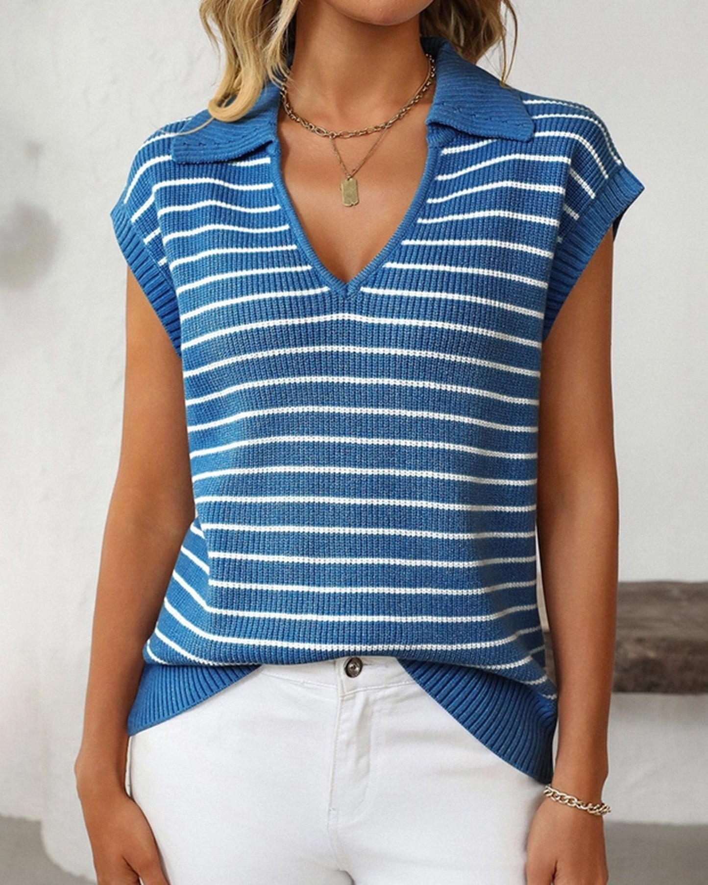 V-Neck Casual Striped Lapel Knitted Sweater ??Comfortable Blend for Everyday Wear