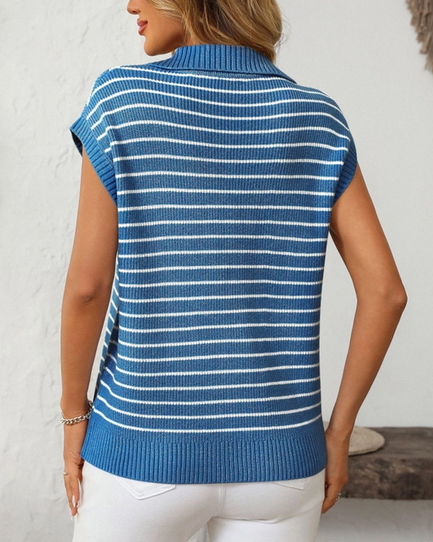 V-Neck Casual Striped Lapel Knitted Sweater ??Comfortable Blend for Everyday Wear