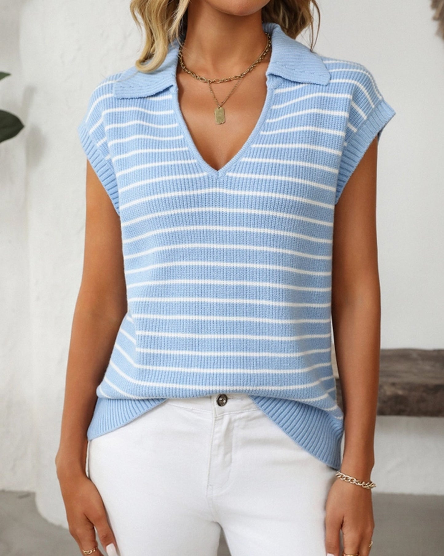 V-Neck Casual Striped Lapel Knitted Sweater ??Comfortable Blend for Everyday Wear