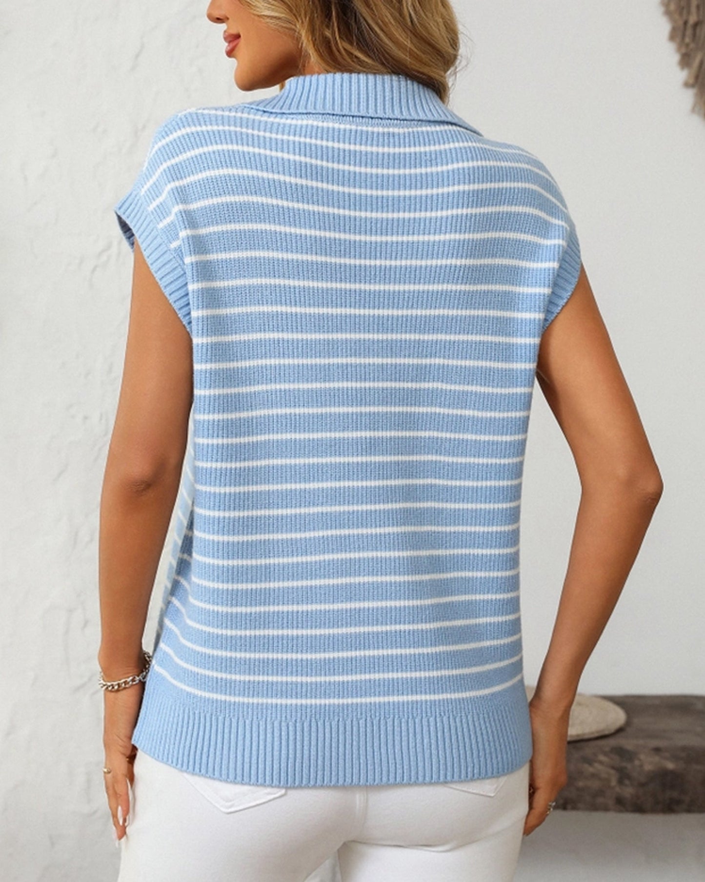 V-Neck Casual Striped Lapel Knitted Sweater ??Comfortable Blend for Everyday Wear