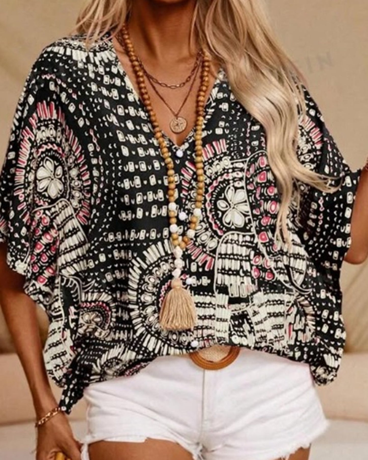 V-Neck Printed Resort-Style Bat-Sleeved Top ??Breezy & Chic Summer Essential