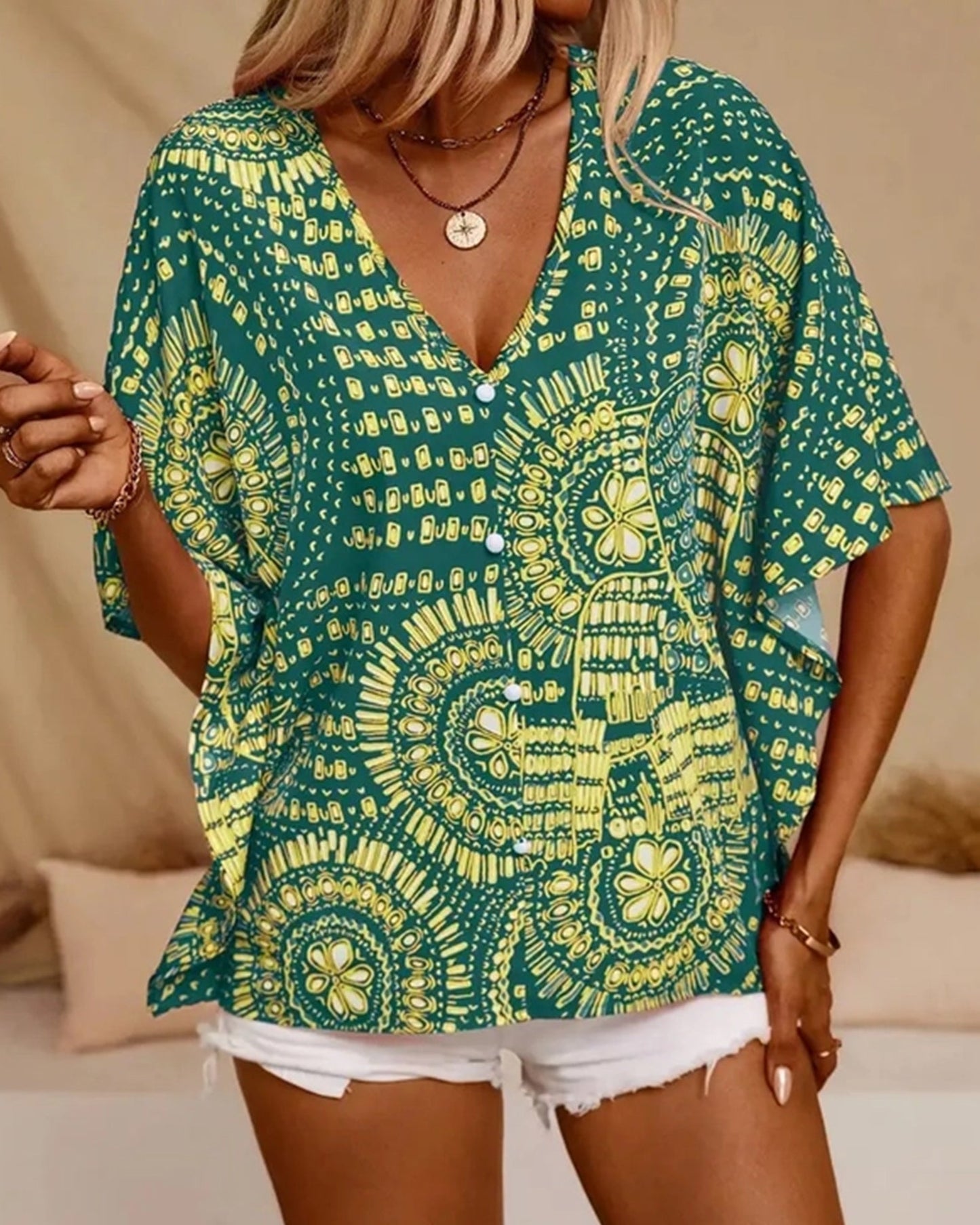 V-Neck Printed Resort-Style Bat-Sleeved Top ??Breezy & Chic Summer Essential