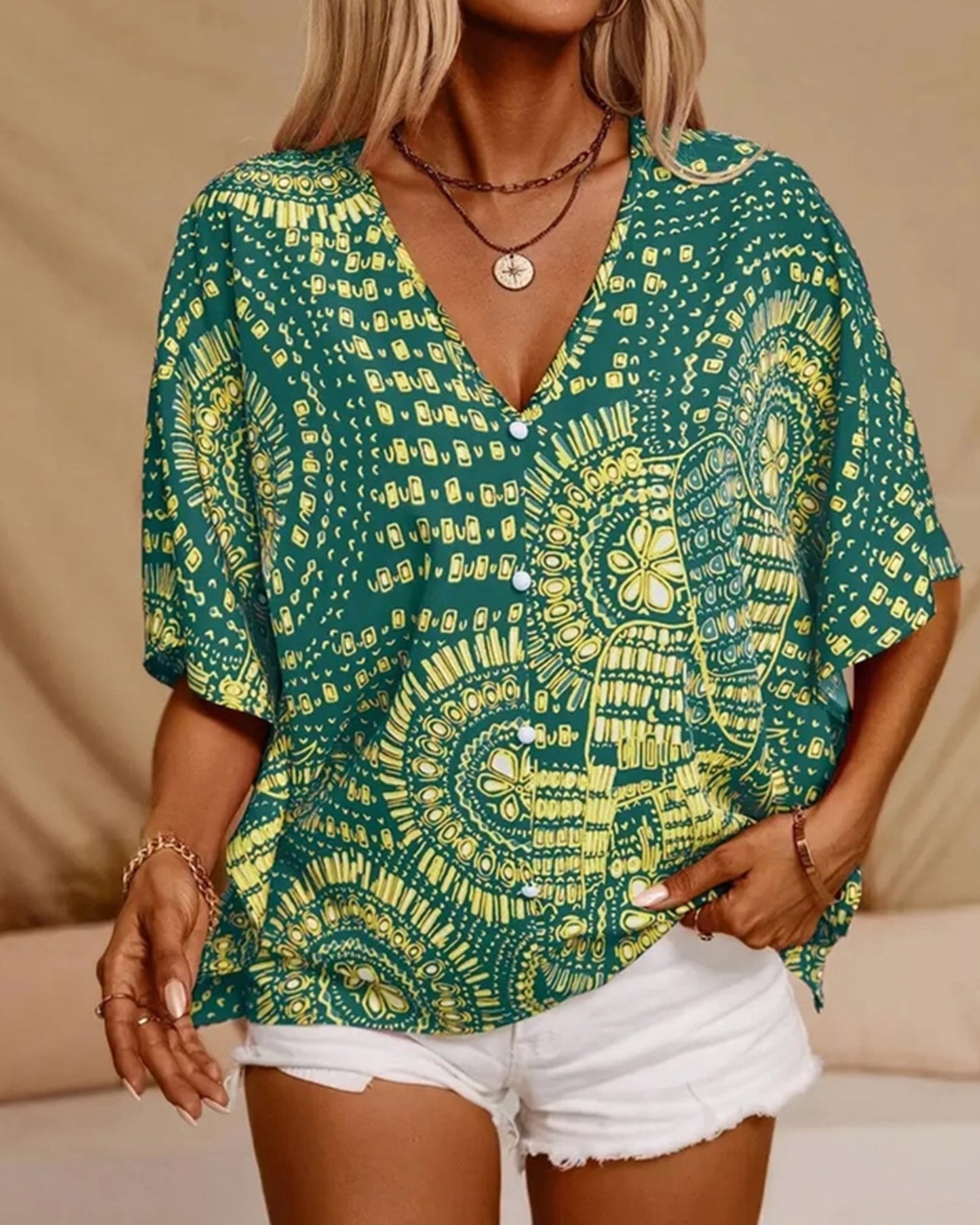 V-Neck Printed Resort-Style Bat-Sleeved Top ??Breezy & Chic Summer Essential