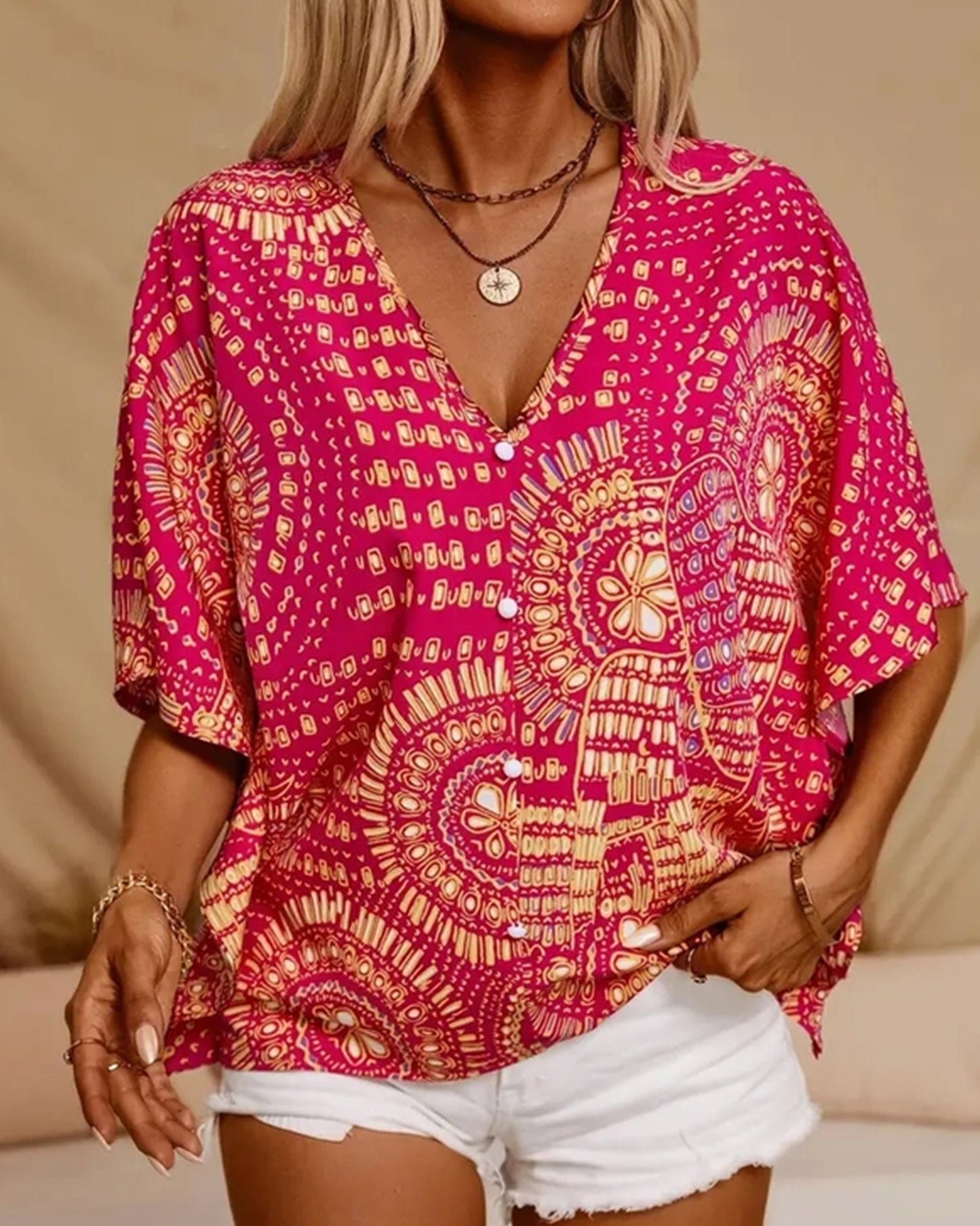 V-Neck Printed Resort-Style Bat-Sleeved Top ??Breezy & Chic Summer Essential