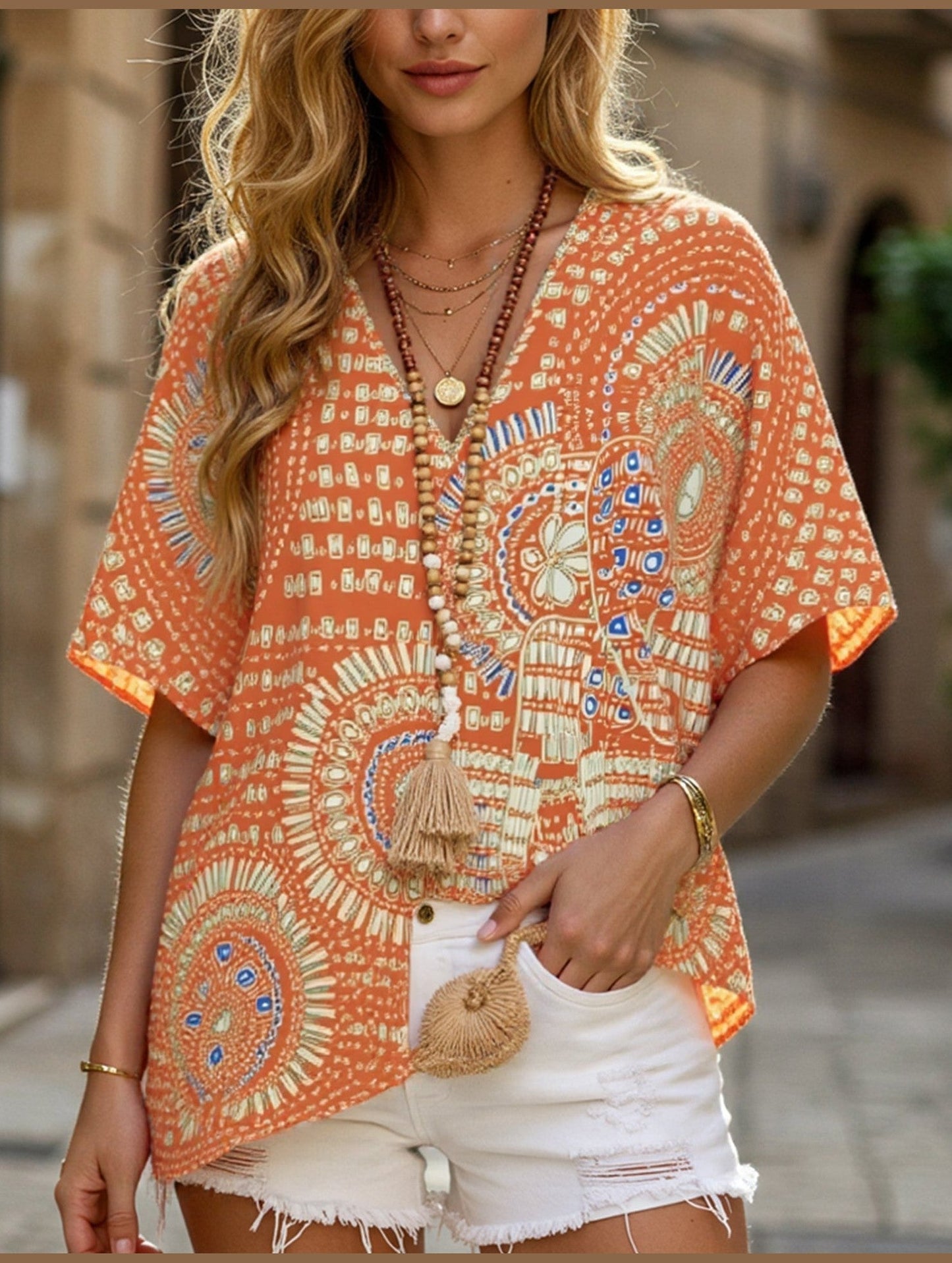 V-Neck Printed Resort-Style Bat-Sleeved Top ??Breezy & Chic Summer Essential