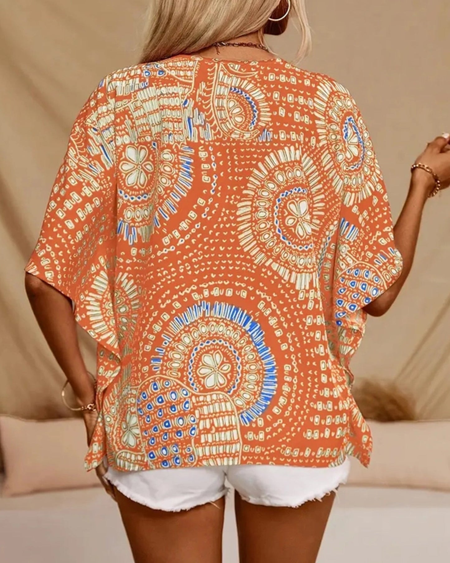 V-Neck Printed Resort-Style Bat-Sleeved Top ??Breezy & Chic Summer Essential