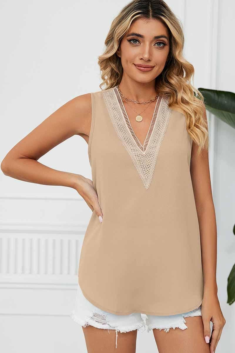 DEEP LACE V NECK CHIFFON LOOSE TUNIC TOP - Doublju