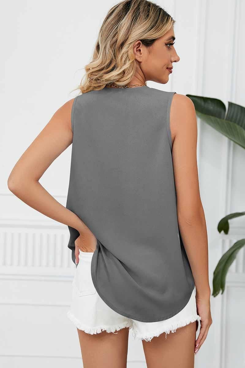 DEEP LACE V NECK CHIFFON LOOSE TUNIC TOP - Doublju