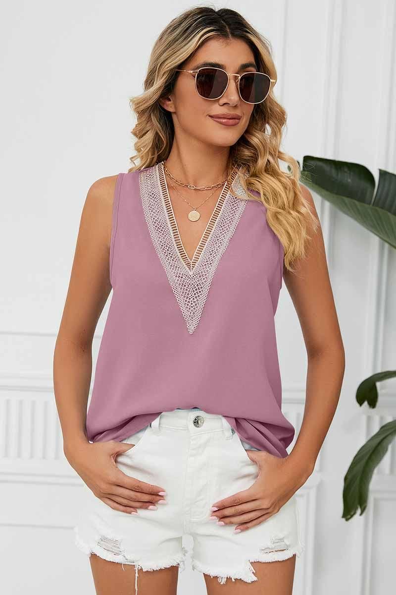 DEEP LACE V NECK CHIFFON LOOSE TUNIC TOP - Doublju