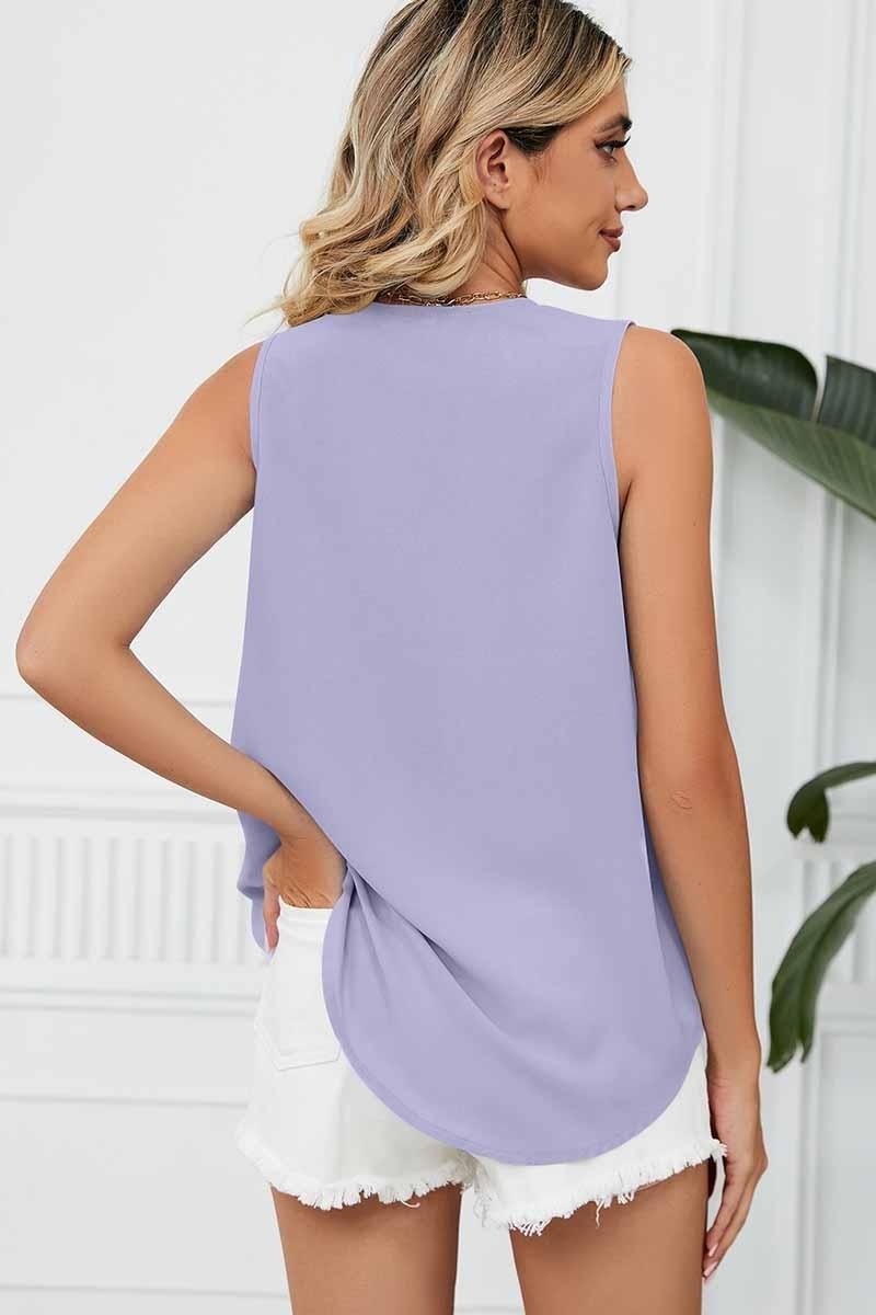 DEEP LACE V NECK CHIFFON LOOSE TUNIC TOP - Doublju