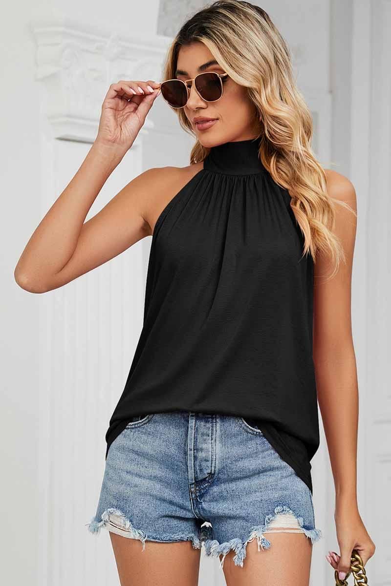 PLEATED HALTER NECK LOOSE TUNIC TOP - Doublju