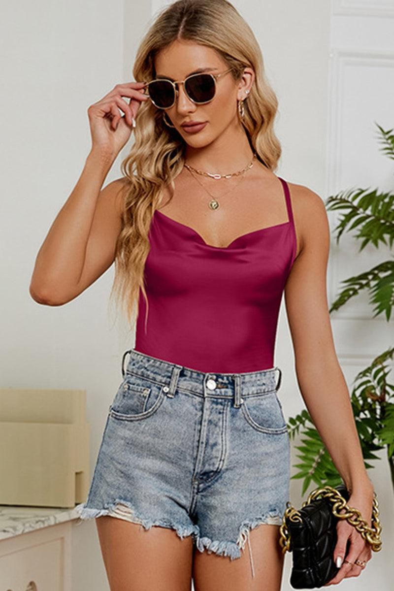 SIMPLE SATIN FROW CHEST SLIP TOP - Doublju