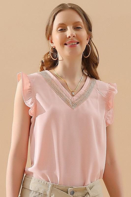 V LACE NECK ANGEL WINGS SLEEVE CHIFFON TOP - Doublju