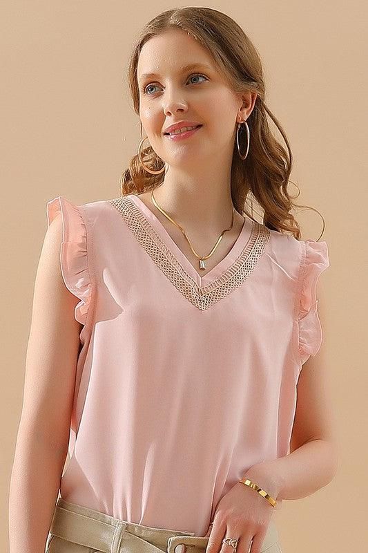 V LACE NECK ANGEL WINGS SLEEVE CHIFFON TOP - Doublju