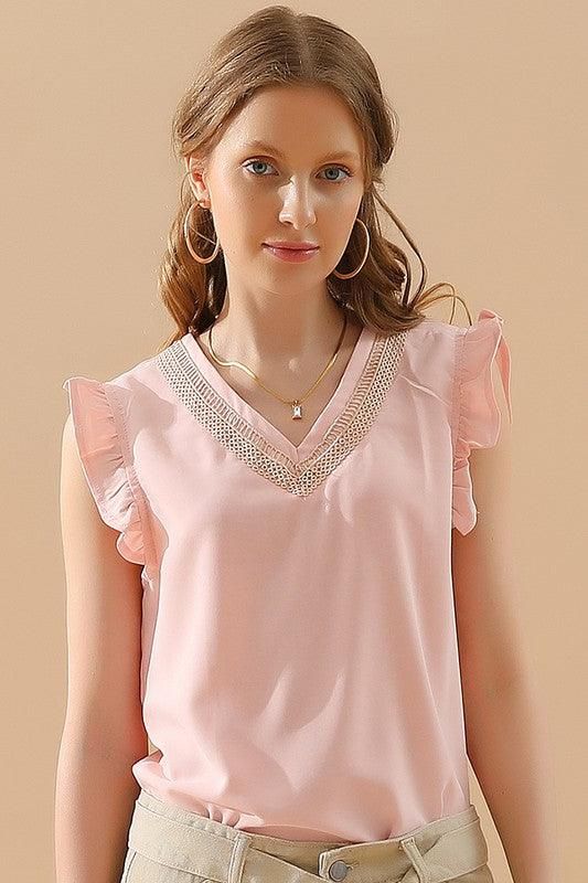 V LACE NECK ANGEL WINGS SLEEVE CHIFFON TOP - Doublju