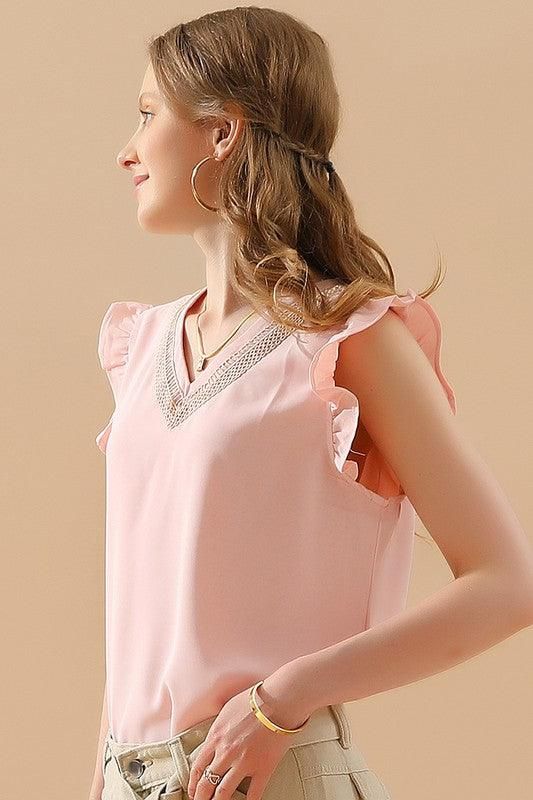 V LACE NECK ANGEL WINGS SLEEVE CHIFFON TOP - Doublju