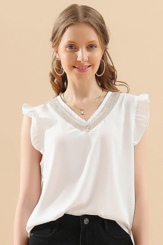 V LACE NECK ANGEL WINGS SLEEVE CHIFFON TOP - Doublju