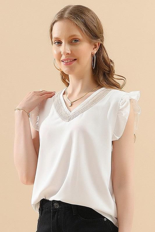 V LACE NECK ANGEL WINGS SLEEVE CHIFFON TOP - Doublju