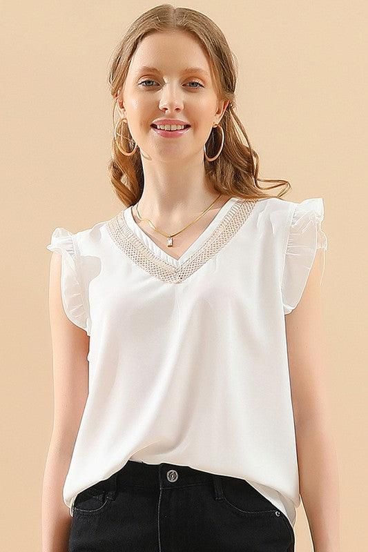 V LACE NECK ANGEL WINGS SLEEVE CHIFFON TOP - Doublju