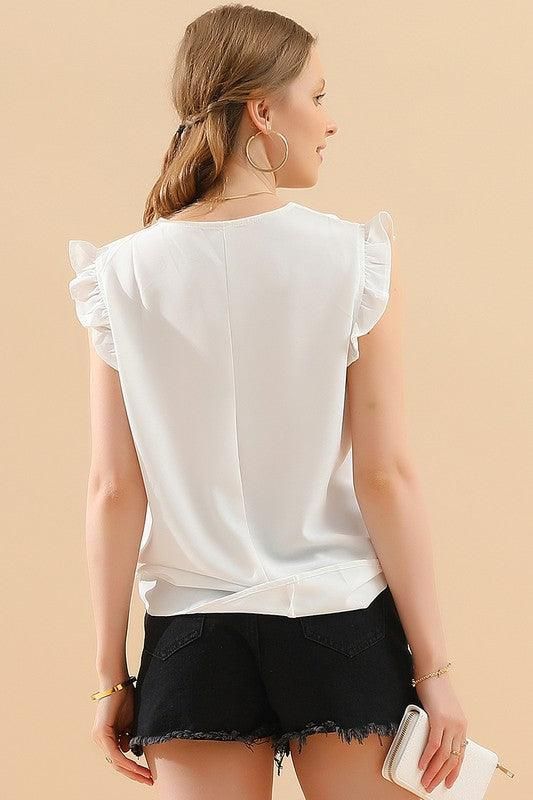V LACE NECK ANGEL WINGS SLEEVE CHIFFON TOP - Doublju