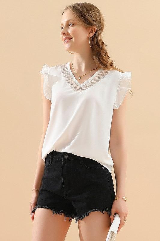 V LACE NECK ANGEL WINGS SLEEVE CHIFFON TOP - Doublju