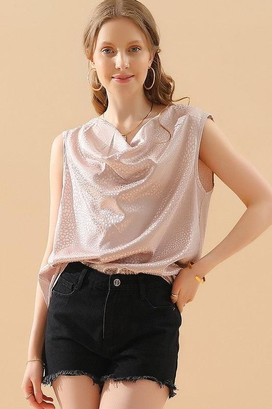 POLKA DOT WAVE NECK SLEEVELESS SATIN BLOUSE TOP - Doublju
