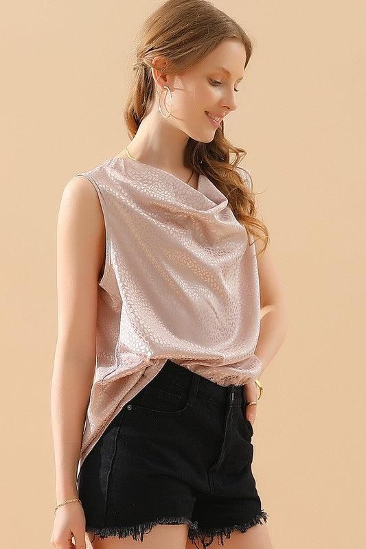 POLKA DOT WAVE NECK SLEEVELESS SATIN BLOUSE TOP - Doublju