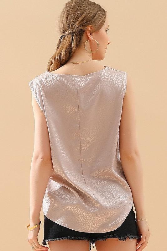 POLKA DOT WAVE NECK SLEEVELESS SATIN BLOUSE TOP - Doublju