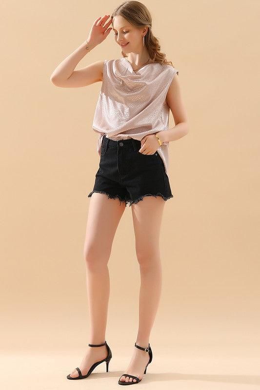 POLKA DOT WAVE NECK SLEEVELESS SATIN BLOUSE TOP - Doublju