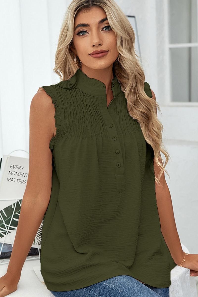 HIGH NECK BUTTON UP FRILL SLEEVELESS LOOSE TOP - Doublju